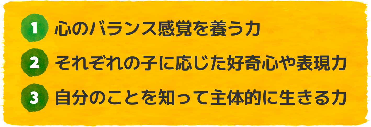 ①心のバランス感覚を養う力、②それぞれの子に応じた好奇心や表現力、③自分のことを知って主体的に生きる力